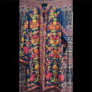 Hand embroidered cashmere knee length coat
